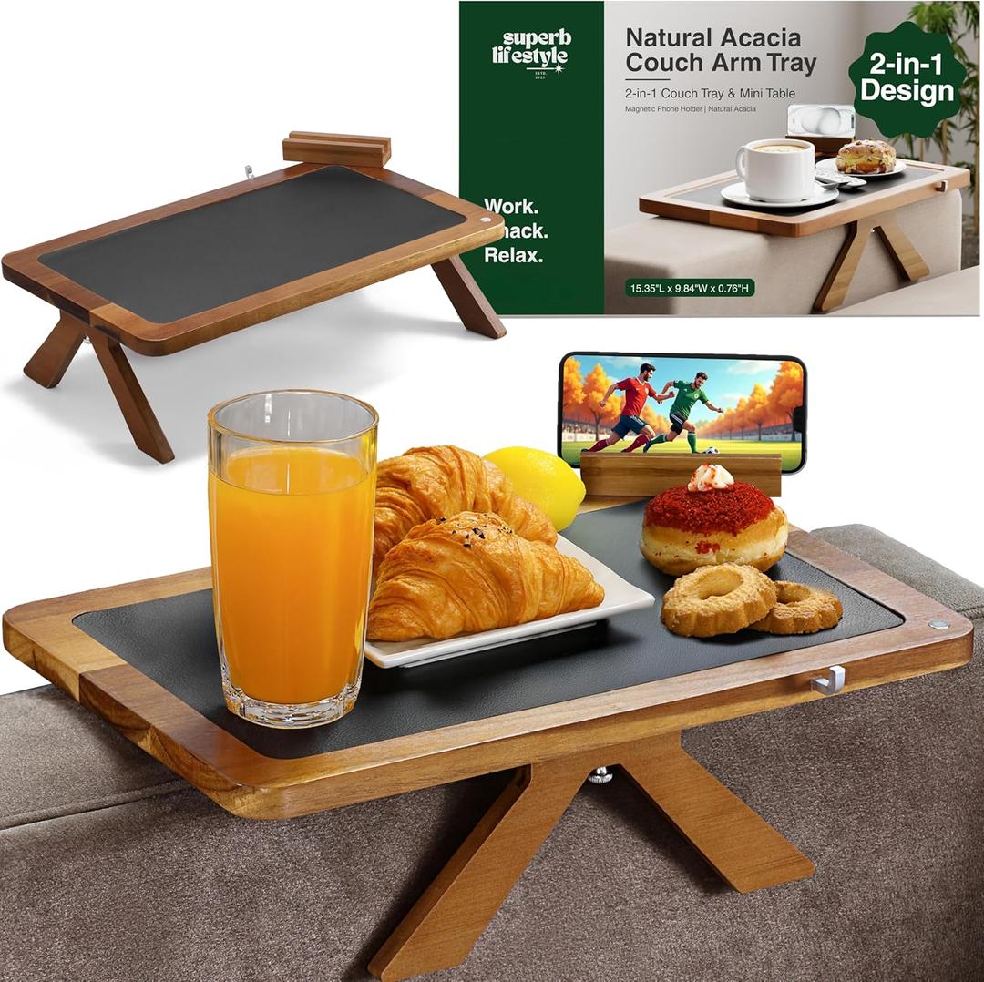 Acacia Couch Arm Tray Table  2 in 1 Adjustable Couch Arm Table Fits Most Sofa Arms with 360 Rotating Phone Holder, Wire Holder & Non-Slip Mat  Elegant Sofa Tray for Snacks & Coffee