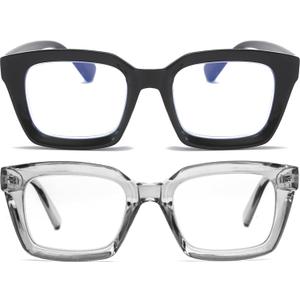 REAVEE 2 Pack Oversized Reading Glasses for Women Men Blue Light Blocking, Ladies Stylish Retro Square Large Computer Readers (Black/Grey 2.0x)
