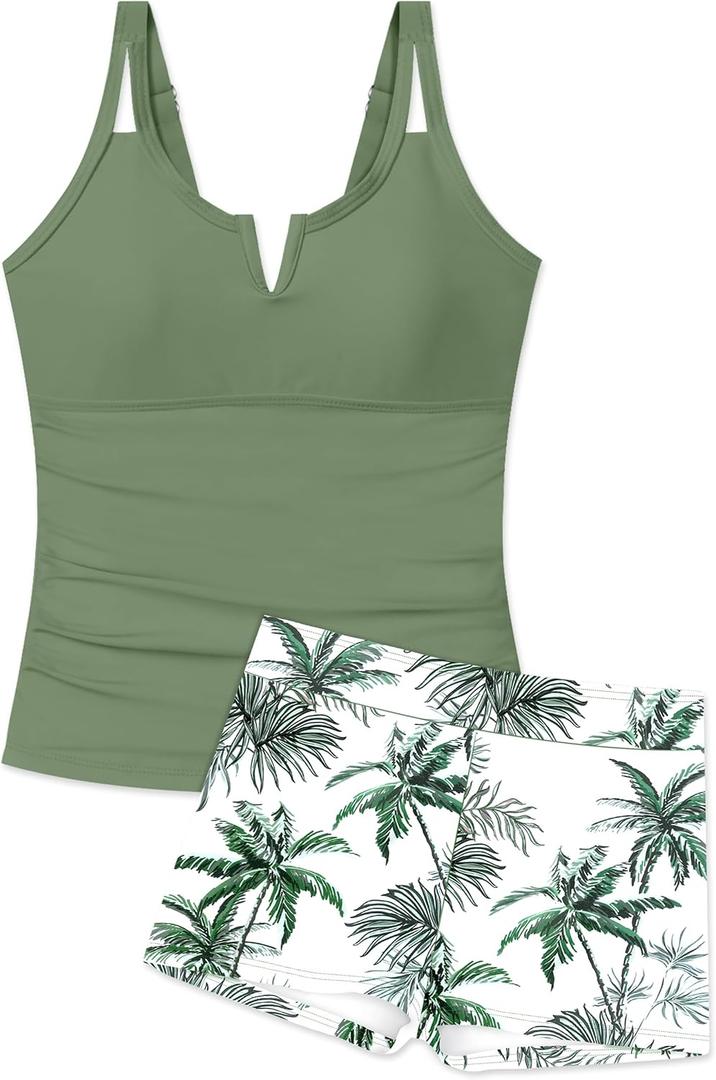 Girls Swimsuit V-Neck Cutout Tankini Tropical Print 15-16Y 