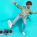 Shihanee 4 Pcs Mardi Gras Men 60s 70s Disco Costume Hippie Outfit Floral Shirt Wig Sunglass Gold Necklace for Cosplay Party (S)