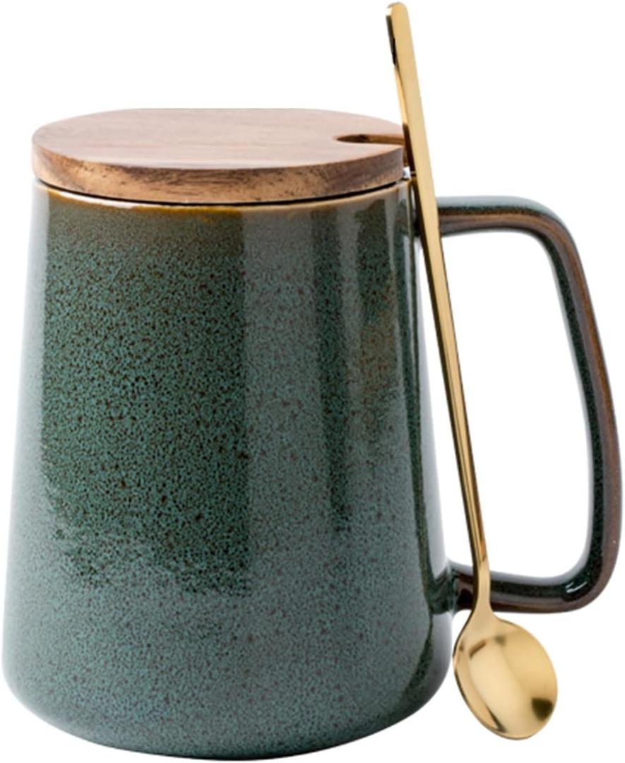 24 OZ Extra Large Ceramic Coffee Mug with Spoon and Wooden Lid Big Jumbo Tea and Coffee Cup with Large Handle for Office and Home Dishwasher and Microwave Safe (Olive Green)