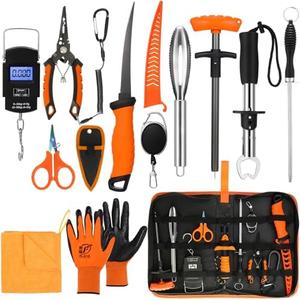 RoundFunny 14 Pcs Fishing Tool Kit, Fillet Knife, Fishing Pliers with Lanyard, Digital Scale, Lip Gripper, Hook Remover Fish Scaler Braid Scissors Gloves Sharpening Rod Retractor Towel Bag
