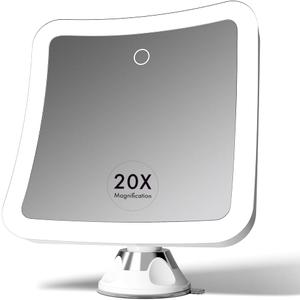 Fancii 20x Magnifying Makeup Mirror with LED Lights, Rechargeable, High Zoom | 7-inch Large Lighted Travel Mirror for Vanity and Bathroom, Dimmable, 3 Light Settings, Strong Suction, 360 Rotation