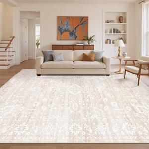 Soalmost 9x12 Washable Area Rugs for Living Room, Vintage Floral Non-Slip Low Pile Natural Rug Soft Throw Large Carpet for Dining Room Bedroom Farmhouse Home Office (Beige, 9'x12')