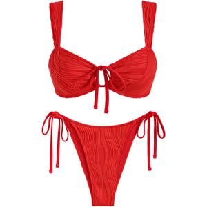 ZAFUL Women's Cinched Bikini Solid Color Wave Textured Knotted Tied Side Two Piece Swimsuit Bathing Suits (Large)