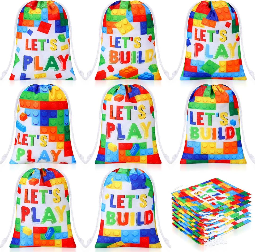 Kajaia 24 Pcs Building Block Candy Treat Bags 7.1 x 5.1 Inch Block Party Favor Polyester Drawstring Reusable Gift Goodie Bags Bulk for Kids Birthday Baby Shower Party Decor Supplies