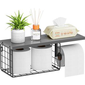 VITVITI Toilet Paper Holder with Shelf, Wall Mounted Toilet Paper Storage Basket, Wood Metal Toilet Roll and Wipes Holder for Bathroom Farmhouse (Gray)