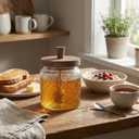 17 oz Glass Honey Dispenser Set with Honey Dipper & Lid - Airtight Wide Mouth Jar, Household Kitchen Syrup Pot (5.4 Inch Height)