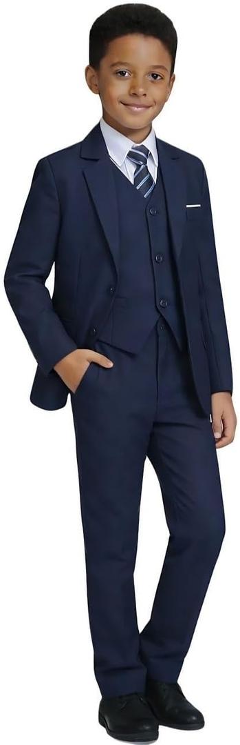 Visaccy Boys Formal Suit Slim Fit Dress Clothes Ring Bearer Outfit Tuxedo Suits,Adjustable Waist (5T, Blue Suit Blue Plaid Tie)
