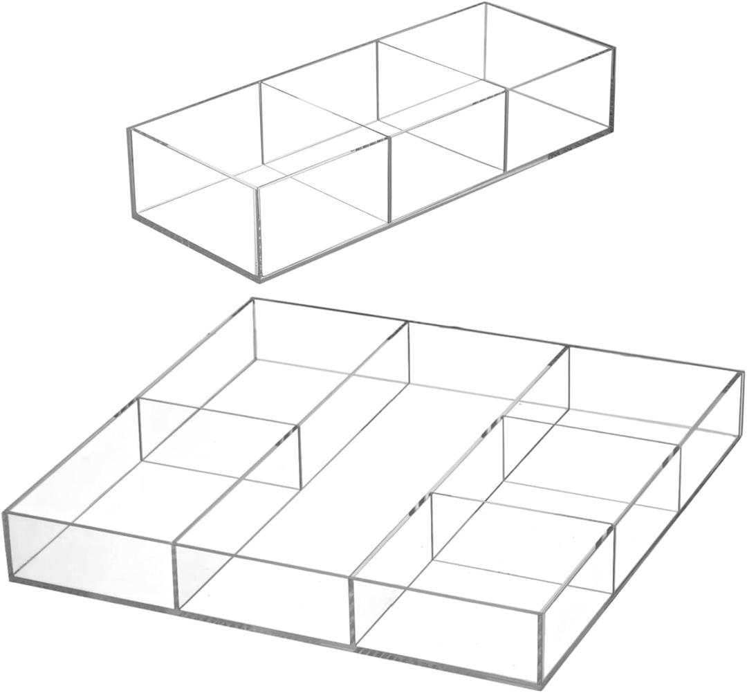 Peohud 2 Pack Acrylic Drawer Organizer Tray, 6/3 Section Clear Makeup Tray Organizer for Drawer, Junk Drawer Storage for Office Desk Supplies and Accessories