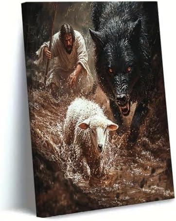 Jesus Saves the Lamb canvas wall art Jesus Running Towards The Wolf And The Lamb Painting Picture Wall Decor Christian Poster Print Artwork for Church Office Living Room Ready Home Decoration. Size: 16"L x 12"W