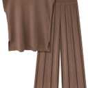 Ekouaer Lounge Sets for Women Two Piece Outfits Knit Cap Sleeve Tops Wide Leg Pleated Pants Casual Dressy Sweater Sets (Brown, M)