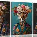 Bathroom Leopard In a Bathrobe Wall Art Maximalist Eclectic Cheetah Posters Pictures Animals And Flowers Canvas Prints Funky Animals Painting Wall Decor y2k Aesthetic Room Decoration Framed, 24x1