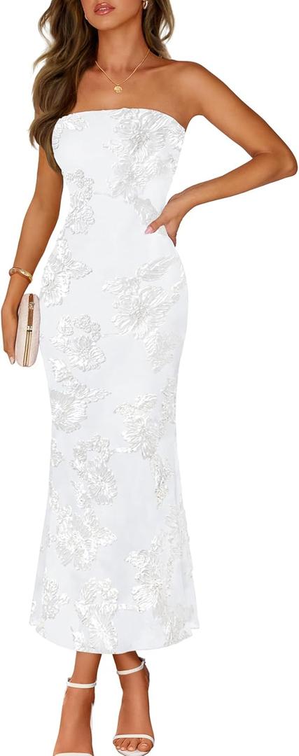 MEROKEETY Women's Floral Strapless Maxi Dress 2026 Summer Mesh Tube Bodycon Formal Wedding Guest Cocktail Party Long Dresses, Small