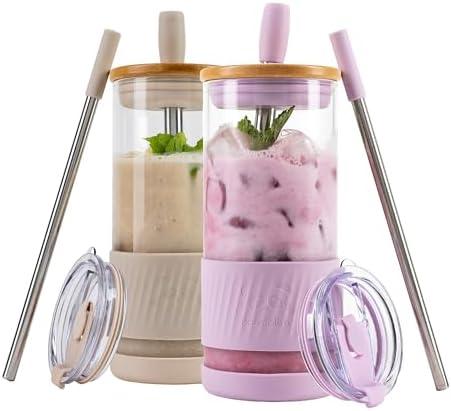 Pandaloo® Glass Cups With Lids and Straws -20 Fl Oz- Perfect Size Iced Coffee Cup - Smoothie Cup With Bamboo Lid and On the go Lid - Glass Tumbler (2 Count (Pack of 1), Lilac-Creamy Mushroom)