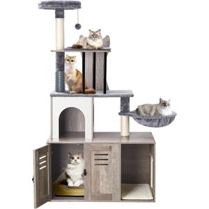 Snughome Cat Tree with Litter Box Enclosure Furniture, 2-in-1 Modern Cat Tower, 58.66 Wood Cat Condo with Scratching Post and Hammock, Indoor Pet Furniture with Large Platform, Grey