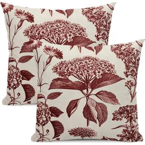 Floral Pillow Covers 18x18 Set of 2 Vintage Burgundy Red Hydrangea Herb Botanical Throw Pillow Cover Outdoor Decoration Boho Flower Pillowcase Farmhouse Decorative Cushion Case for Sofa Couch