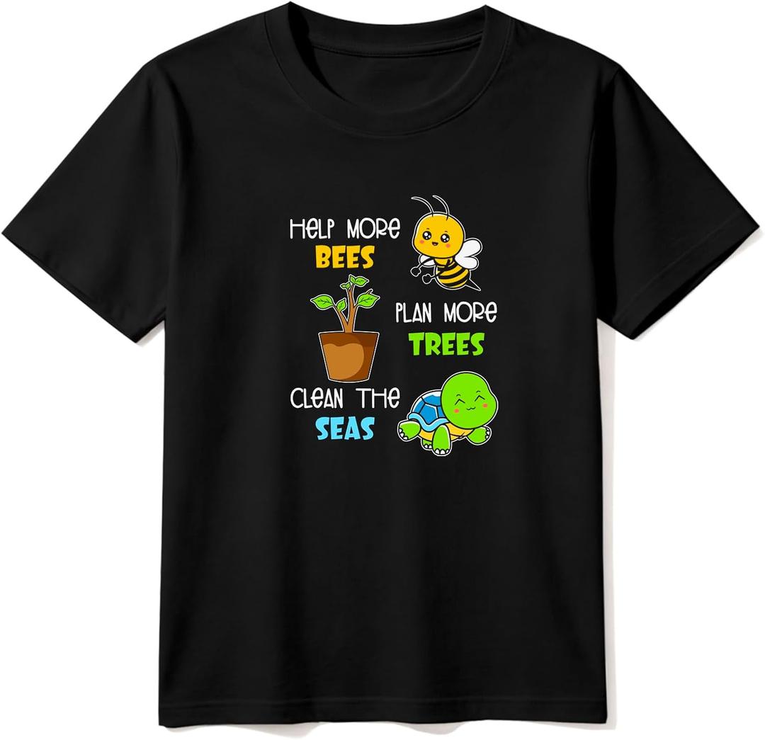 HELLO MEOW Earth Day Shirts for Kids: Cute Planet Earth Crewneck Cotton T-Shirt for Toddler Boys & Girls, 6-7 Years, Black Bee Turtle