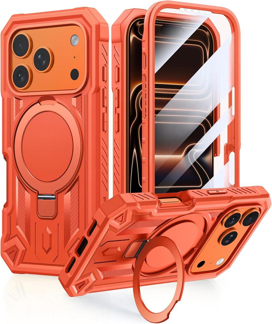 FNTCASE for iPhone 17 Pro-Max Case: Magnetic Phone Cases with [Ring Kickstand] [Built-in Screen Protector] [Heavy Duty Military Grade Protection] Drop Proof Rugged Hard TPU Phone Cover Orange