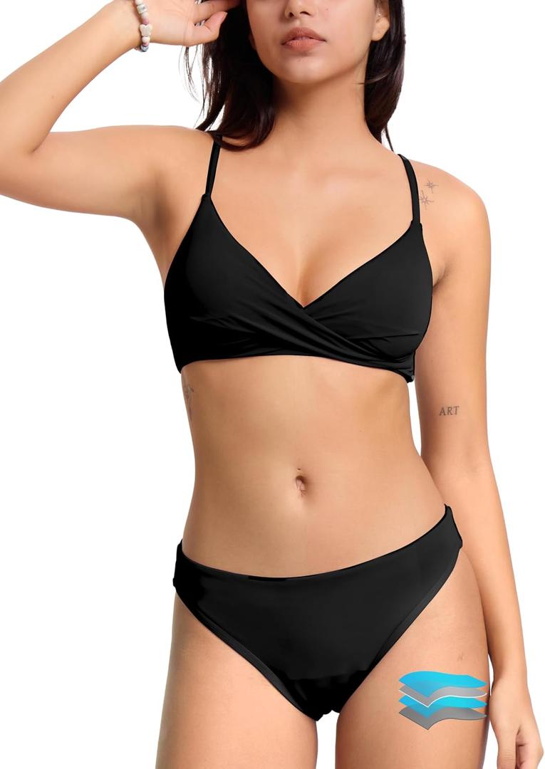 Beautikini Period Swimwear Twist V Neck Bikini Sets Two Piece Menstrual Leakproof Swimsuits Bathing Suit for Teen Girls (Black, XS)