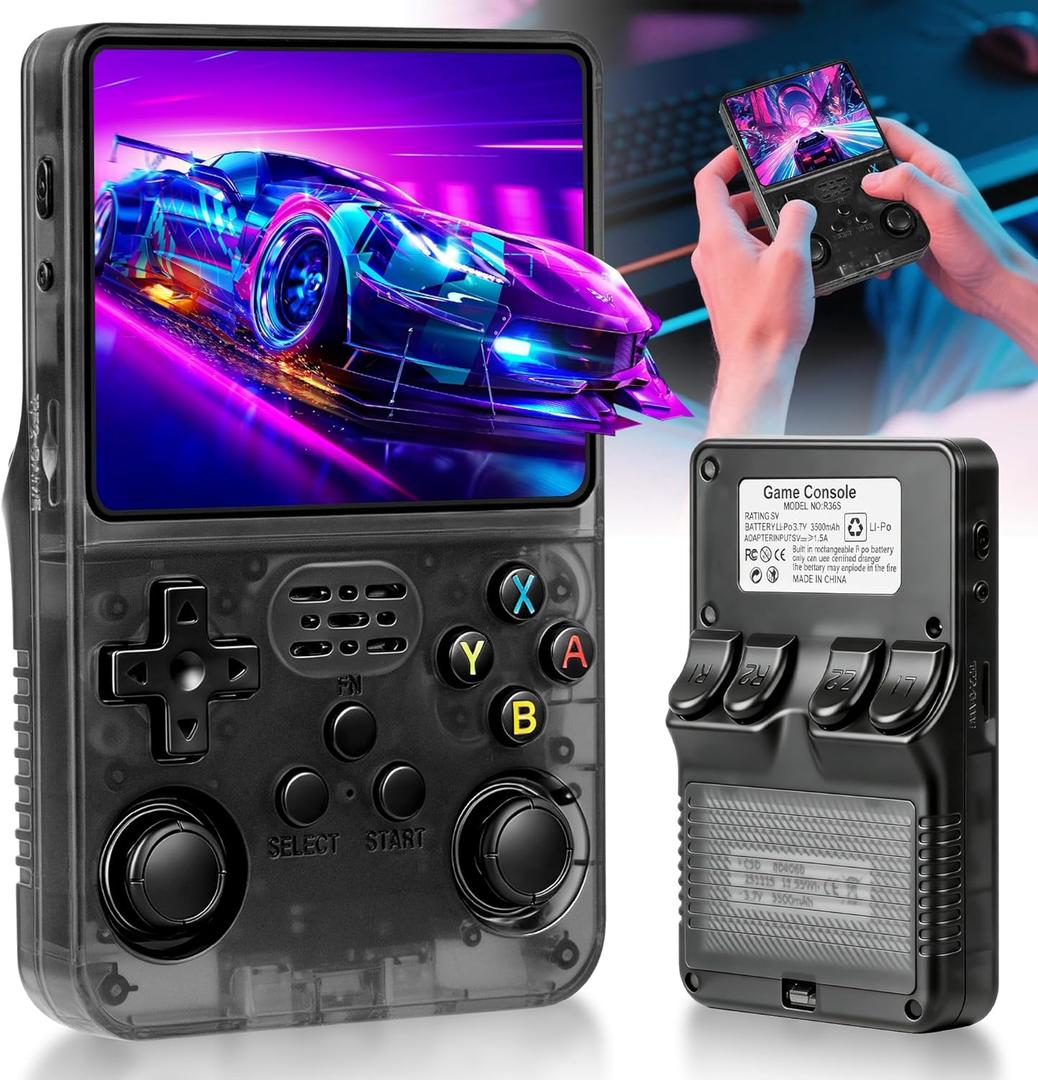 R36S Retro Handheld Game Console with 3.5-in IPS HD Screen, Retro Gaming Console Built-in 18000+ Classic Game, Video Game Console with 64GB Memory, Retro Game Consoles Ultra-Long Standby Time (Black)