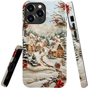 Case for iPhone 15 Pro Max,Snowy Winter Village Christmas Phone Case Slim Silicone Shockproof Cover for Girls Women（Glossy & Durable）