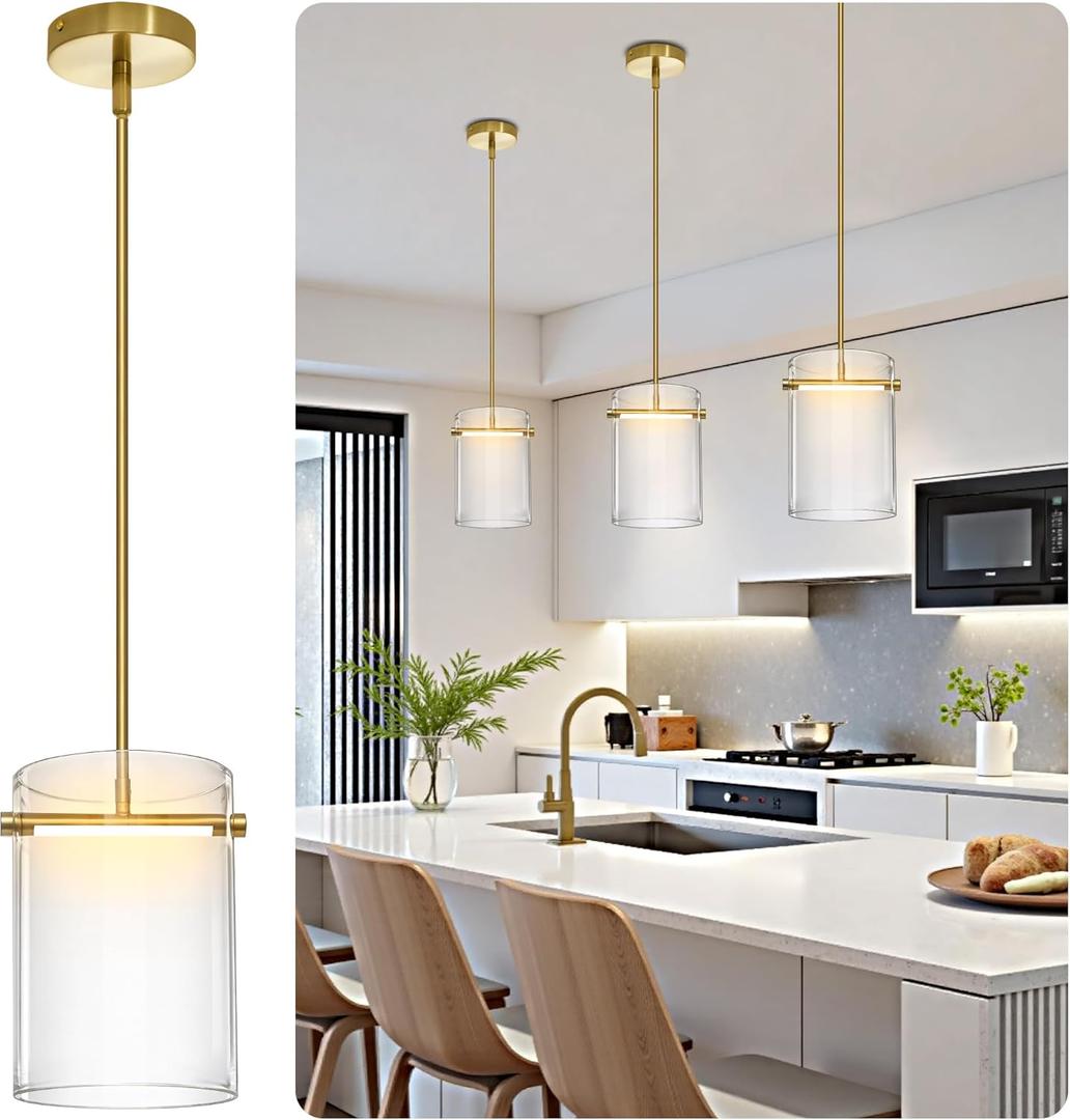 Biewalk Gold Pendant Lights Kitchen Island with 10.2" Clear Glass Shade, Adjustable Modern Pendant Lighting Over Sink with LED, Minimalist Hanging Light Fixture for Dining Room Kitchen Bedroom