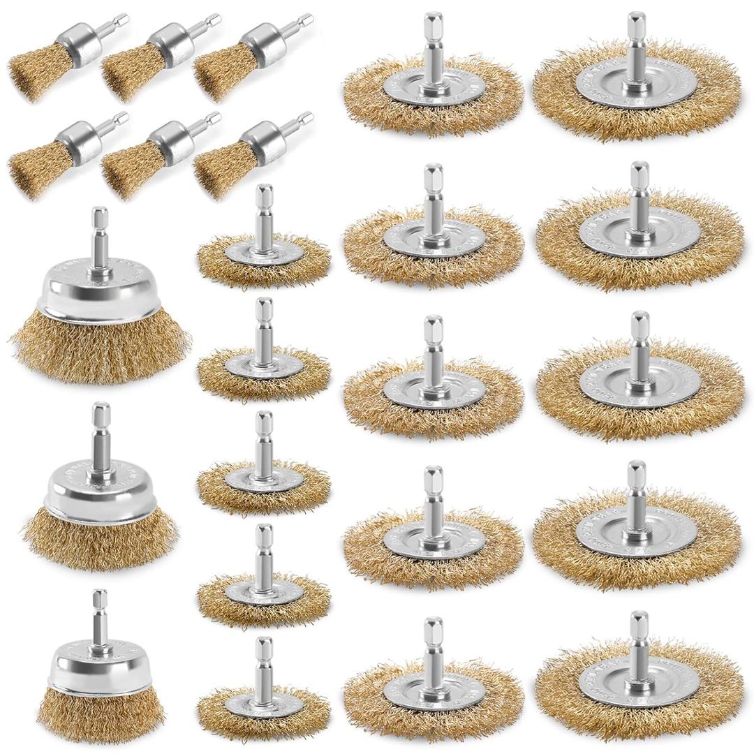 POLIWELL 24 Pack Wire Wheel Brush for Drill, Carbon Steel Bristles Wire Cup Brush Set Coarse Crimped Abrasive Brass Coated Brushes with 1/4 Inch Hex Shank for Rust Removal, Corrosion, Paint Cleaning