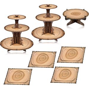 Sawysine 7 Pcs Woodland Cupcake Stand Set Includes 2 Wooden Cupcake Stand 1 Rustic Cake 4 Rectangle Serving Tray Tree for Forest Christmas Birthday Baby Shower Western Camping Hunting (Rectangle)
