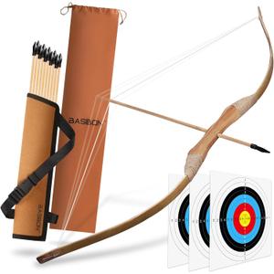 Kids Bow and Arrow Set, 32 Inch Archery Set Handmade Wooden Toy Bow and Arrow for Kids 6-8 8-12, 1 Bows 1 Quivers 10 Arrows 3 Targets & Storage Bag, Gifts for Youth Boys and Girls (Brown)