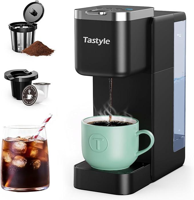 Tastyle Single Serve Coffee Maker, Iced And Hot Coffee Machine For K Cup & Grounds, Compact Design, 40 Oz Removable Water Reservoir, 6 To 24 Oz Brew Sizes, Fits 7.3" Travel Mug, Black