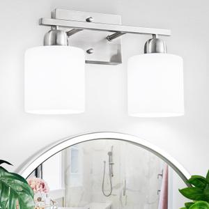 Brushed Nickel Bathroom Light, 2 Light Bathroom Vanity Light Brushed Nickel, Vanity Lamp with Milky White Frosted Glass Shades, E26 Socket
