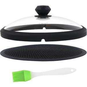 Glass Microwave Cover for Food 10.5 Inch Microwave Splatter Cover With Easy Grip Diamond Shape Handle Microwave Cover Glass Guard Lid Vented Edge Plate Cover for Heating Food (Black)