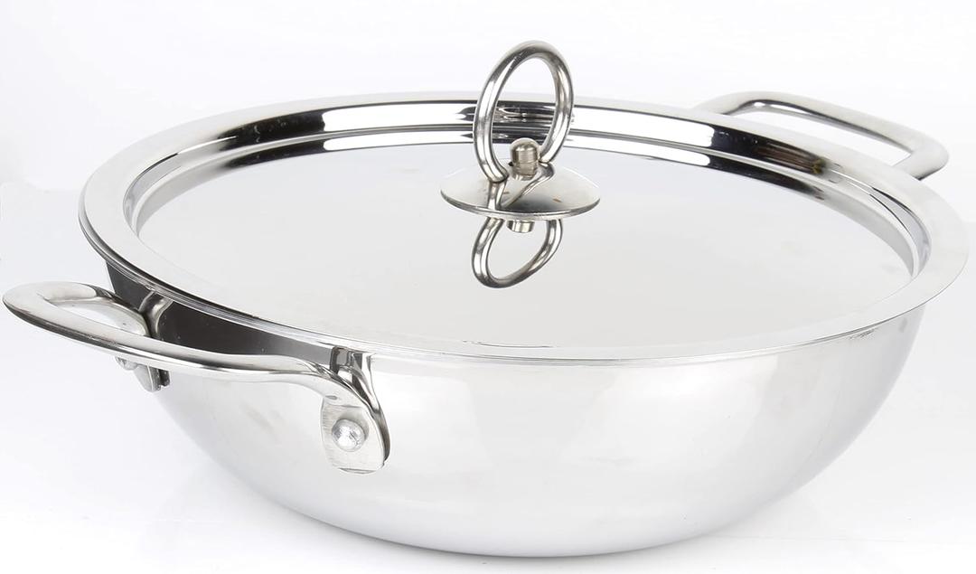 Triply Stainless Steel Kadai with Steel Lid | Everyday Pan, Stir Fry Pan with Triply Base, Saute Chefs Pan with Glass Lid, Multipurpose Stewpot Skillet, Diameter: 24 cm, Capacity: 2.5 L (2.64 Quart)