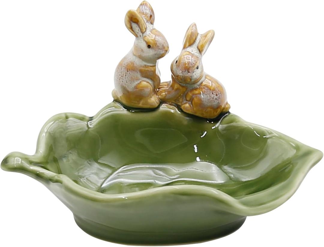 LIDSCURA Rabbit Ceramic Soap Dish, Decorative Bunny Soap Plate, Sponge Holder, Key Bowl & Jewelry Tray, Green - Bathroom, Kitchen, Counter Organizer