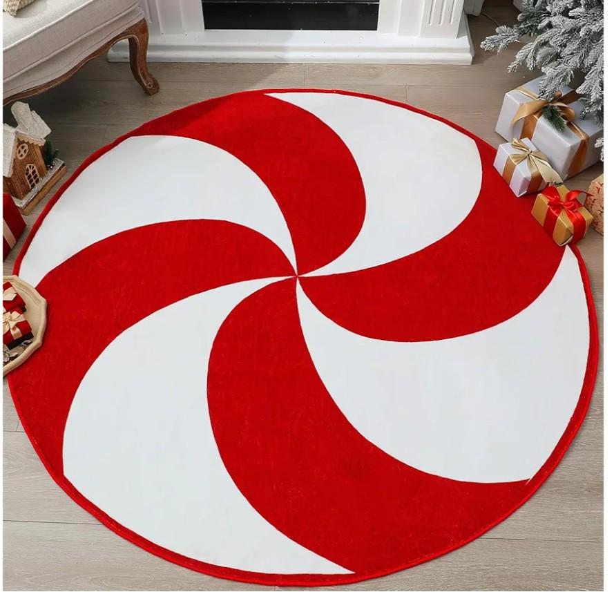 Drydiet 5Ft Round Christmas Rug Large Candy Cane Red and White Holiday Area Rug Peppermint Washable NonSlip Christmas Tree Mat for Living Room Bedroom Entryway Indoor Outdoor Holiday Home Decor