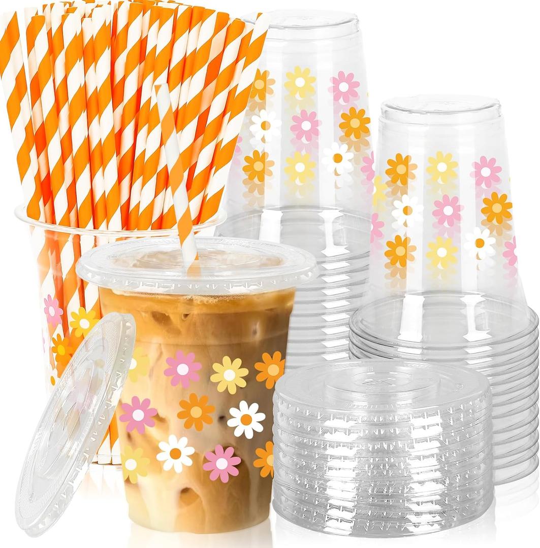 50Pcs Groovy Daisy Plastic Cups with Lids and Straws Retro Hippie Boho Flower Clear Plastic Cups 12oz Disposable Cups for Groovy Party Supplies
