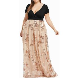 Hiuwa Women Plus Size Floral Sequined Maxi Dress Women Deep V Neck Short Sleeve Ladies Dresses Elegant Evening Party Dress