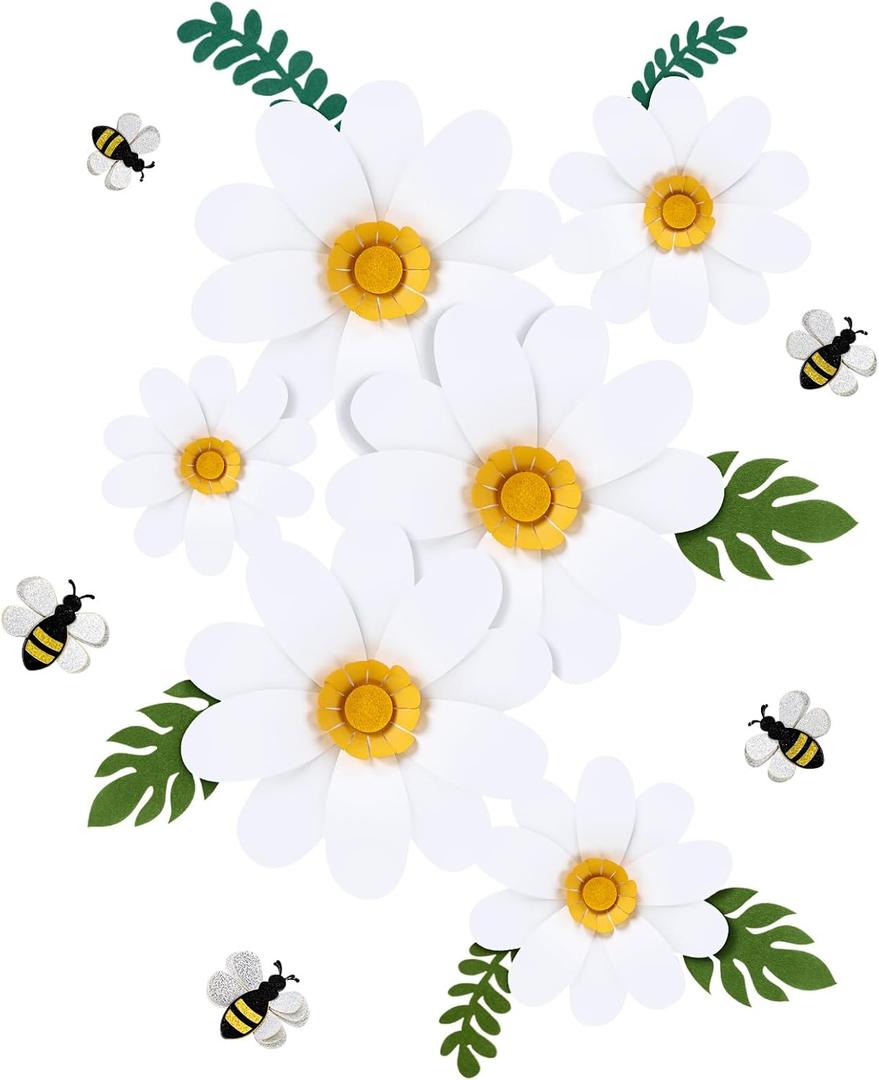 19 Pcs Daisy Bee Cutout Bulletin Board Decorations Daisy Paper Flower Wall Decor Bee Party Supplies 13 Flowers with Leaves 6 Bee Cutouts Decorations for Birthday Bridal Wedding Classroom Craft (White)