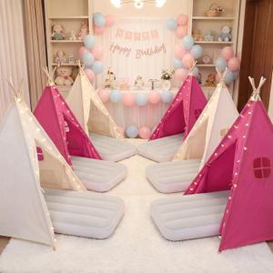 wilwolfer 6 Pack Kids Teepee Tent Bulk and Inflatable Airbed & Light, Natural Toddler Play Tent for Girls Boys Indoor Sleepover Slumber Party Birthday Gifts (White, Rose Red)