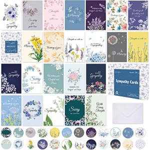 24 Unique Sympathy Cards with Envelopes and Stickers, Assortment Floral Butterflies Condolence Cards with Greetings Inside, Watercolor Boxed Sympathy Cards Bulk to Support Friends and Family