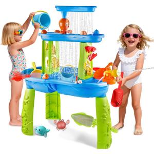 Water Table for Toddlers 1-3, Kids Water Table, 3-Tier Water Tables for Toddlers 3-5 Features Swimming Dolphins & Crabs, Rain Showers Splash Pond, Activity Sensory Play Table for Boys Girls