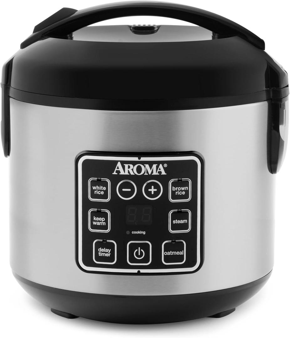 AROMA 8-Cup (Cooked) / 2 Qt. Digital Rice & Grain Multicooker, Durable Nonstick Inner Pot, Oatmeal, Steam, White & Brown Rice, Keep Warm