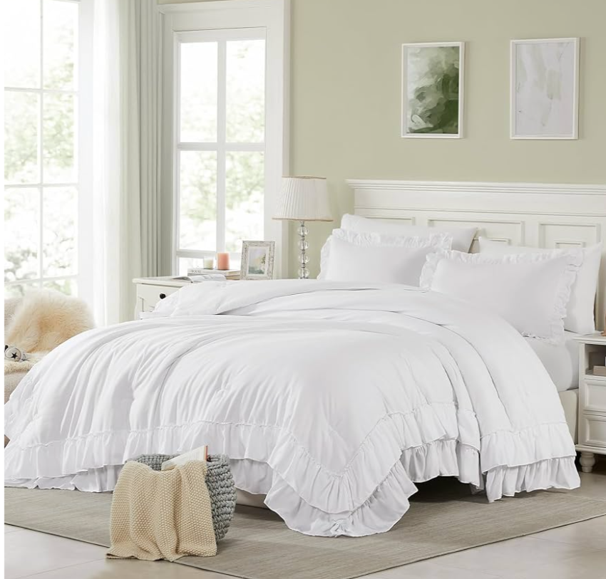 Cupocupa White Queen Comforter Set, 3Pcs Ruffle Comforters Queen/Full Size Farmhouse Bedding Sets with Comforter, Lightweight Fluffy Soft Shabby Chic Bedding Comforter Sets