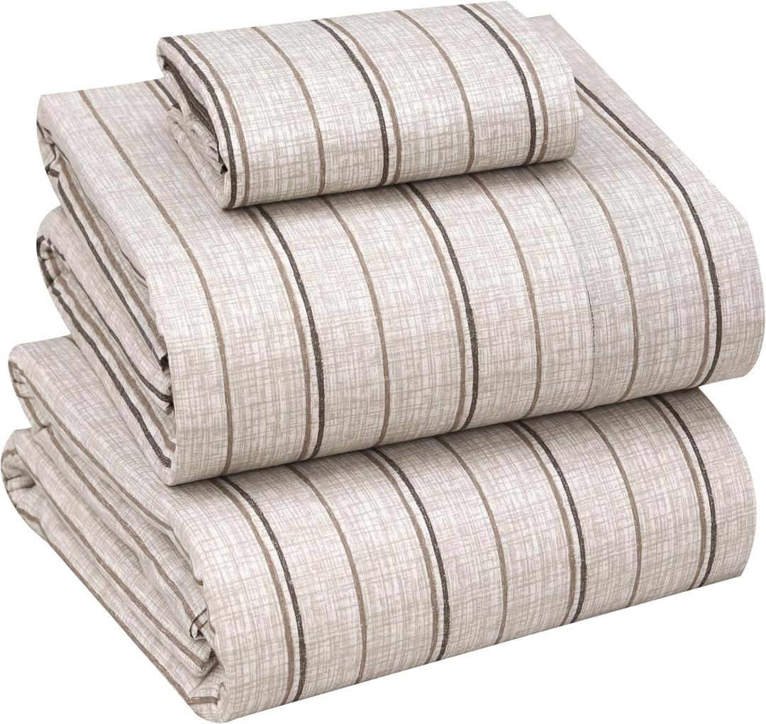 RUVANTI 100% Cotton Sheets Twin Size Percale Bedding, Cooling & Breathable Floral Design, Durable with a Crisp, Soft & Comfortable Feel, 16" Deep Pocket, 3-Piece Set, Brown Stripes