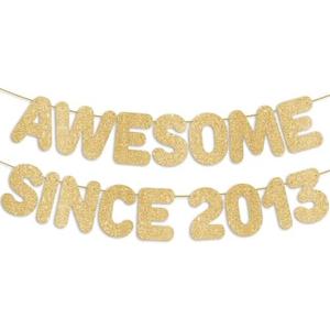 2 x Pre-Strung Awesome Since 2013 Gold Glitter Banner, Happy 13th Birthday Decorations for Girl, 13 Year Old Anniversary Party Decor for Boy