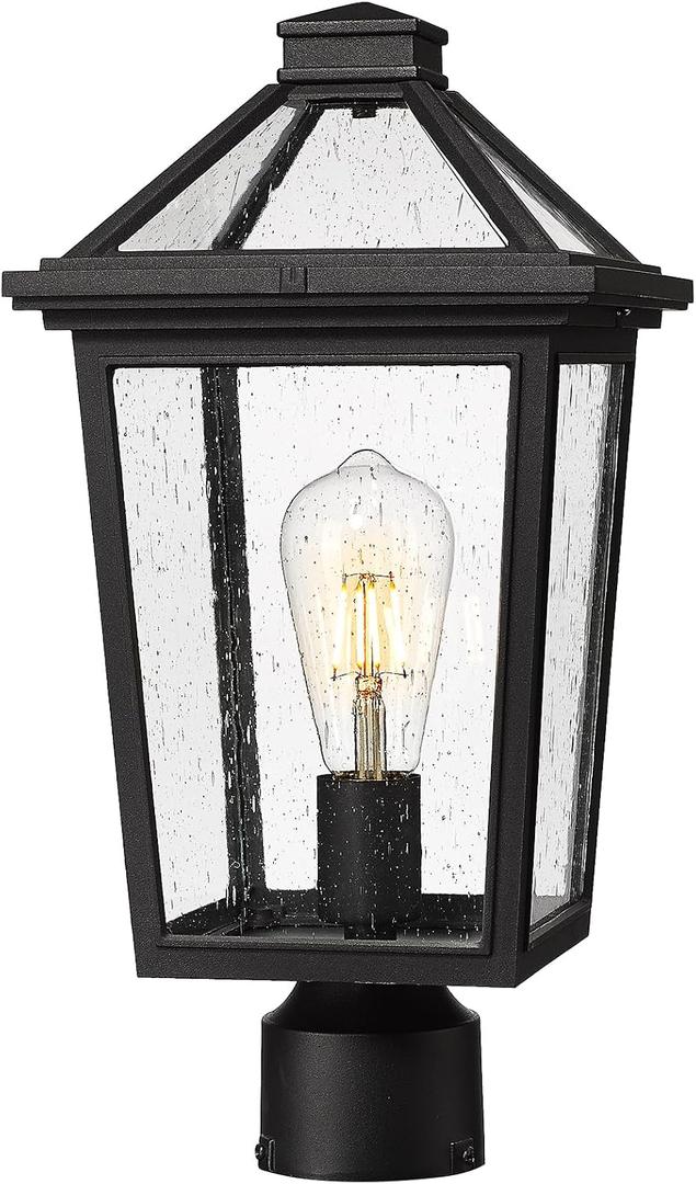 zeyu 16.5 Inch Outdoor Post Light, Exterior Lamp Post Light Fixture for Patio Yard, Die-Cast Aluminum with Seeded Glass Shade, Black Finish, ZX58MP BK