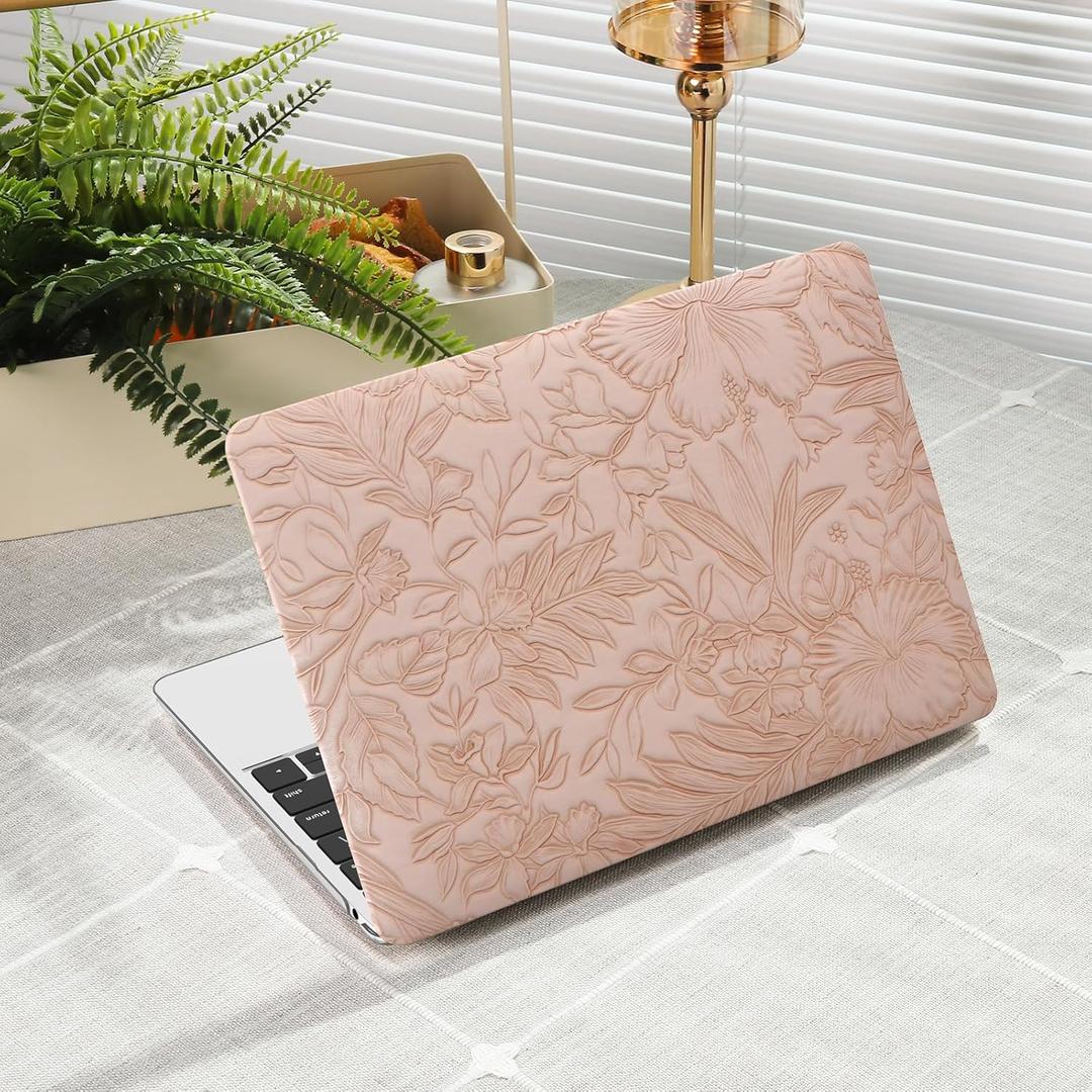iCasso Compatible with MacBook Air 13 Inch Case 2020 2019 2018 Release A1932 A2179 M1 A2337, Texture Leather Plastic Hard Shell Case + Keyboard Cover + Screen Protector, Pink Embossed Floral