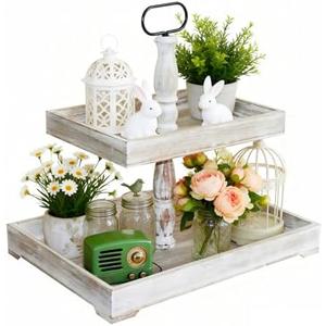 Decorative Tray - Cupcake Stand Two Tiered Tray Farmhouse Rustic 2 Tiered Serving Tray for Home and Kitchen Decor, Party, Weddings-Holiday Decoration Customizable Display Options