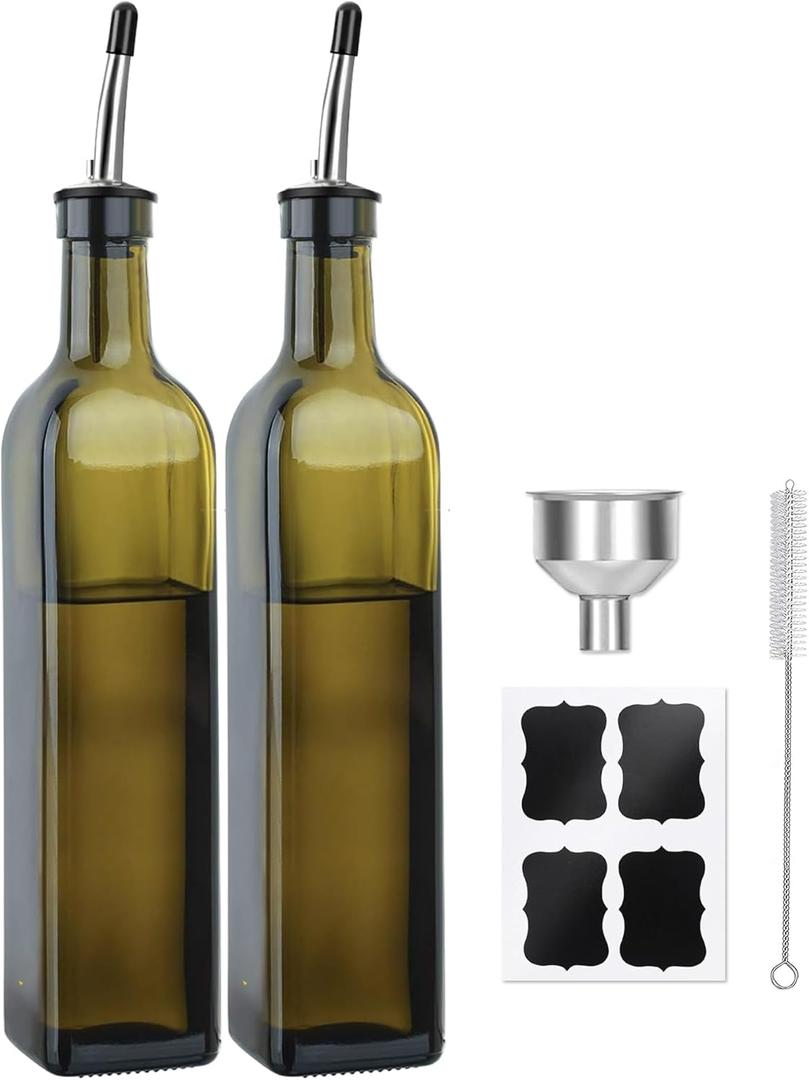 2-Pack Olive Oil Dispenser Bottle Set - 17oz/500ml Dark Green Glass Oil and Vinegar Bottles for Kitchen, Includes 2 Stainless Steel Pourers, Funnel, Brush & 4 Chalkboard Labels
